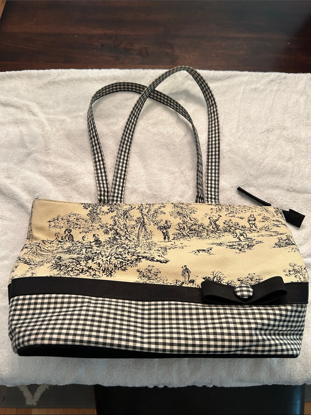 Canvas Toile Print Tote Bag with Gingham Trim - Black & Cream